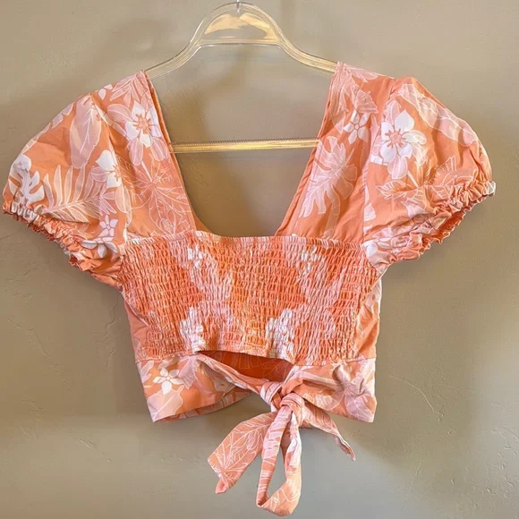 Floral Short Sleeve Tie Back Crop Blouse Hawaiian 🌺 - Picture 3 of 3